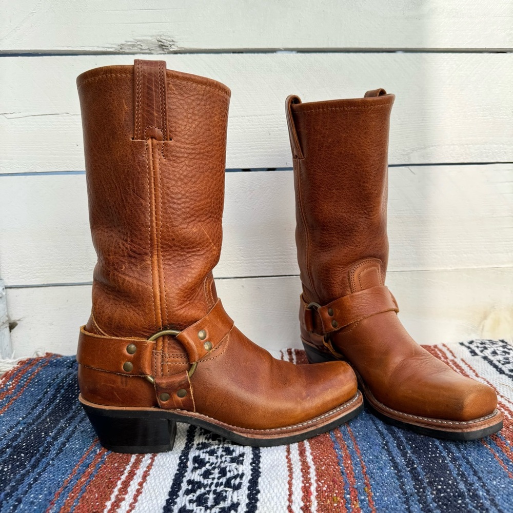 Frye Boots Harness 12R Vintage Cognac Brown Leather Moto Size 7